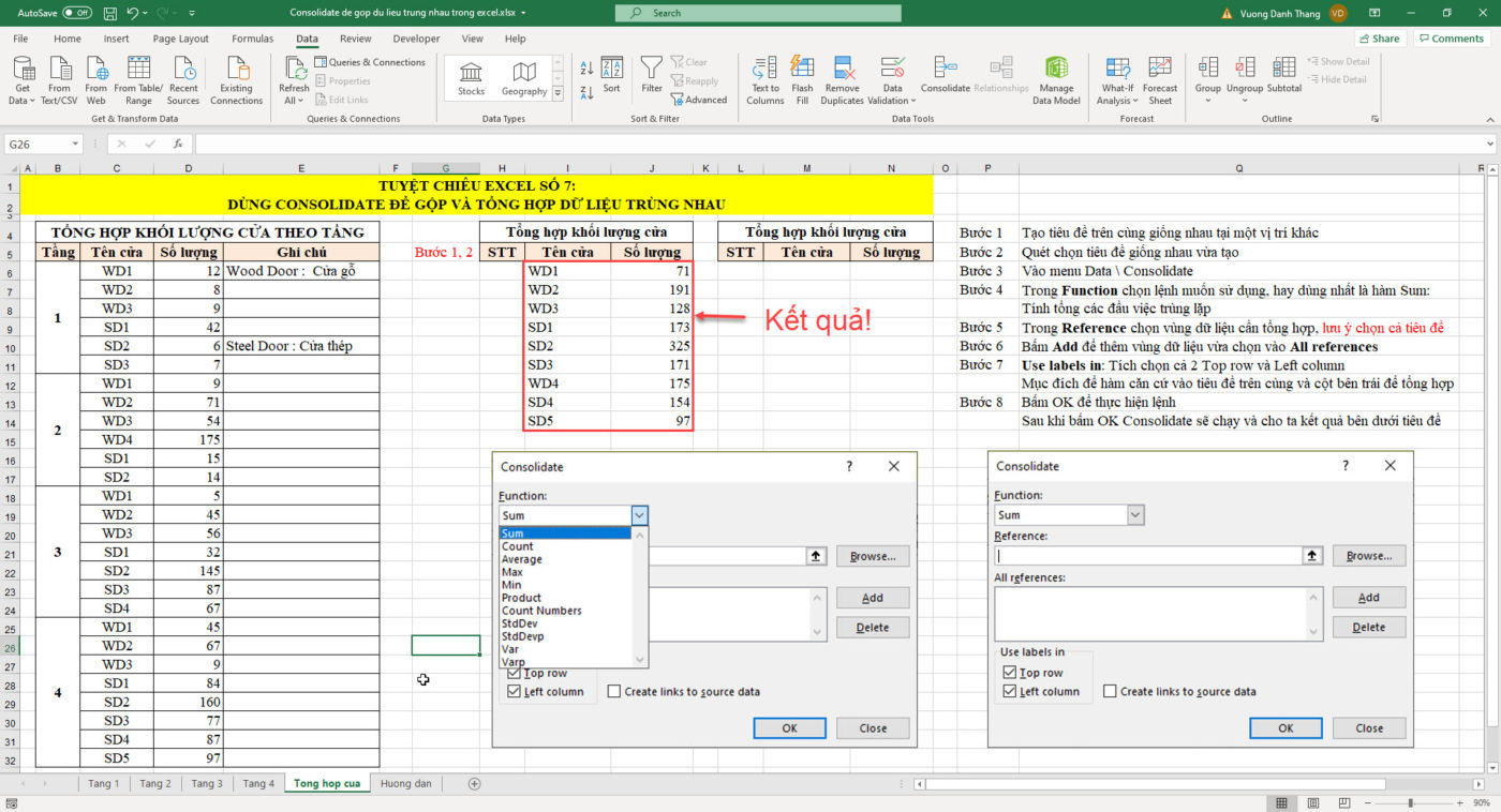 cách dùng Consolidate gộp dữ liệu trùng nhau trong Excel