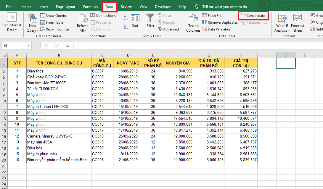 cách tổng hợp dữ liệu trong excel