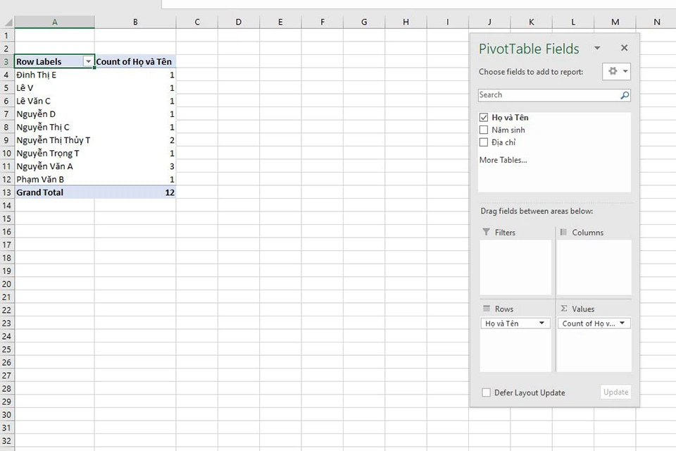 Trích lọc dữ liệu trùng bằng Pivot Table