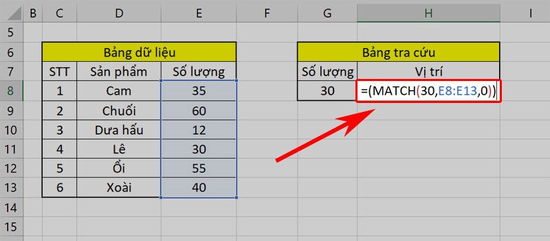 Truy xuất dữ liệu trong Excel bằng hàm MATCH