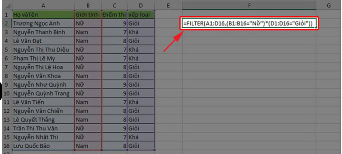 Cách sử dụng hàm FILTER lọc dữ liệu