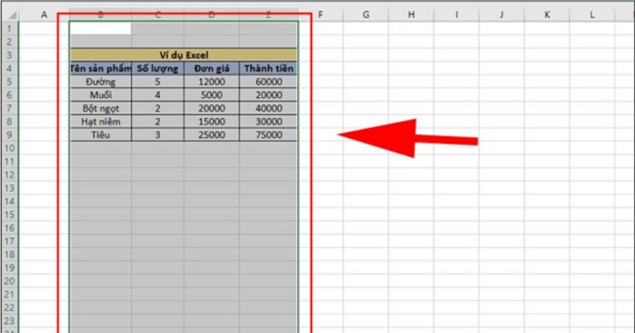 Phím tắt mở rộng vùng chọn trong Excel